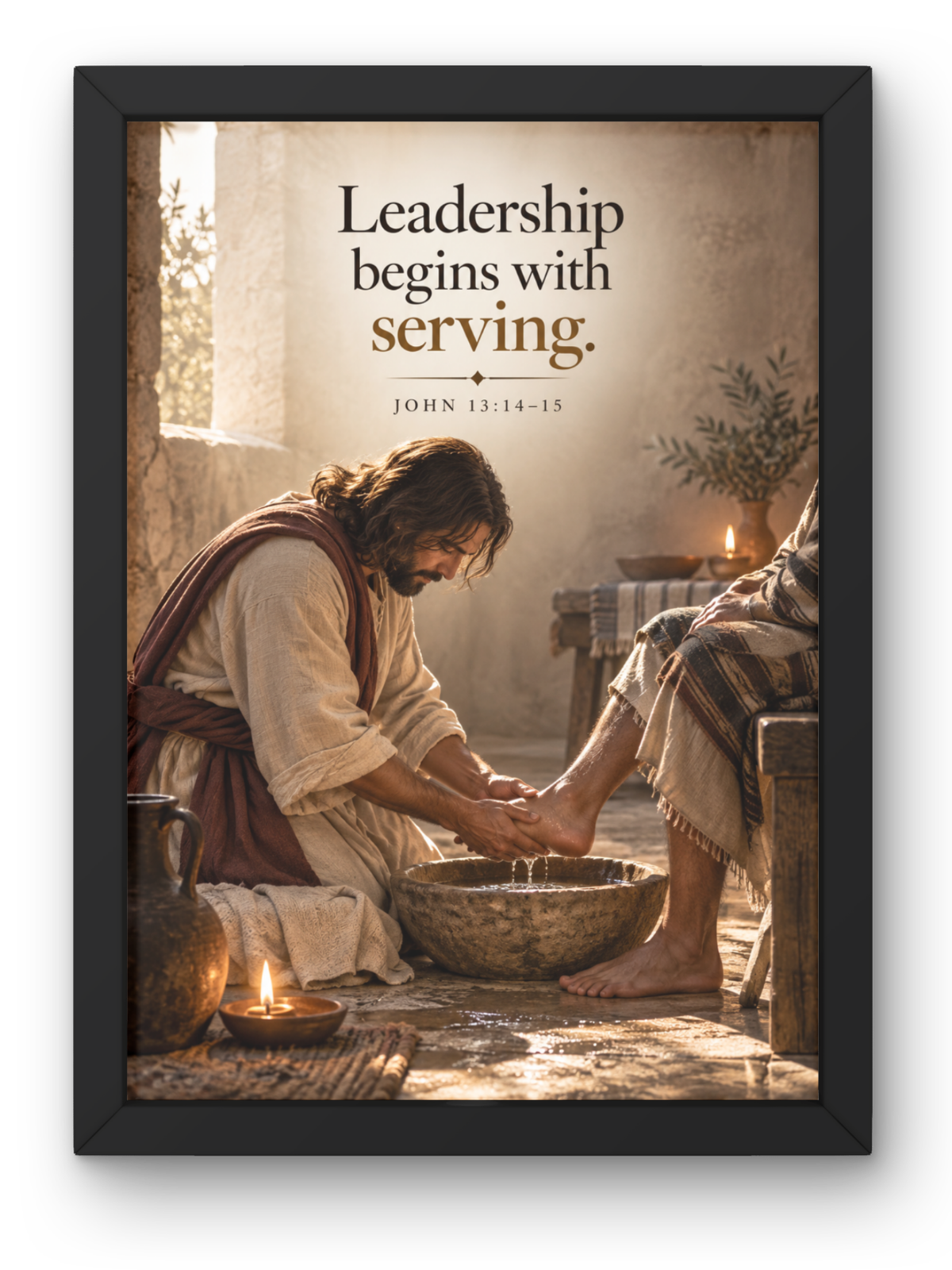 Leadership Begins With Serving Bible Verse Wall Frame | John 13:14-15 Christian Wall Art | Jesus Christ Servant Leadership Inspirational Decor for Home, Office & Prayer Room | A4 Premium Religious Gift