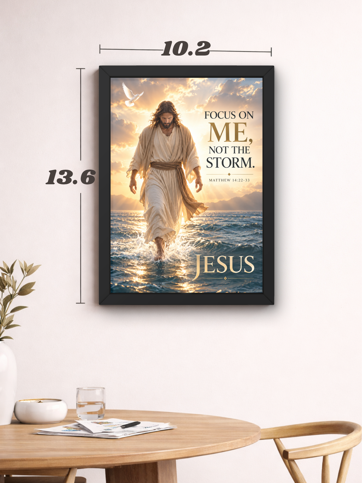 Matthew 14:22-33 Bible Verse Wall Frame | “Focus on Me, Not the Storm” Christian Wall Art | Jesus Walking on Water Inspirational Scripture Decor for Home, Bedroom & Prayer Room | A4 Premium Religious Gift
