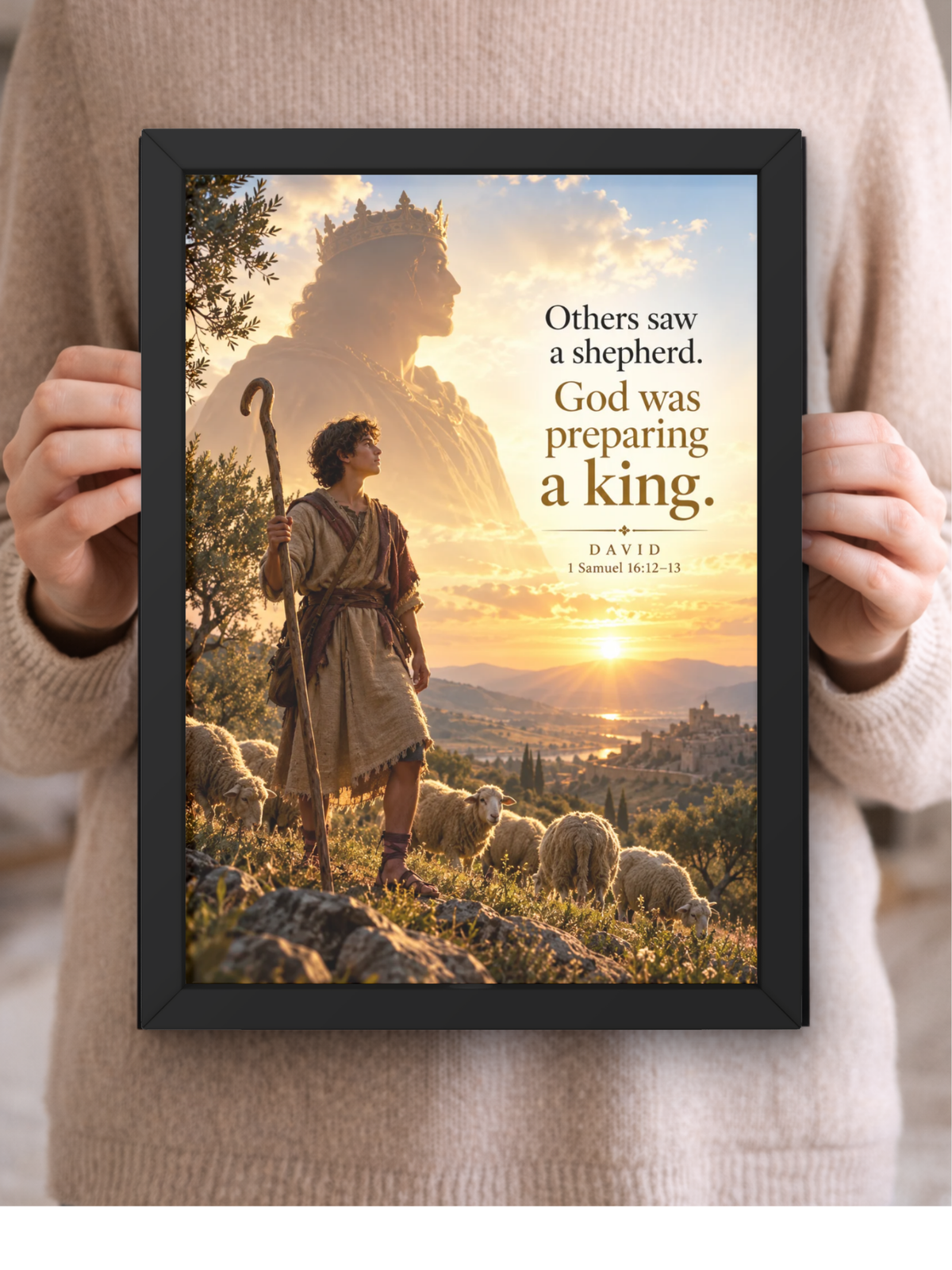 David Bible Story Wall Frame | “Others Saw a Shepherd, God Was Preparing a King” Christian Wall Art | David Scripture Decor for Home, Bedroom & Prayer Room | 1 Samuel 16:12-13 | A4 Premium Religious Gift