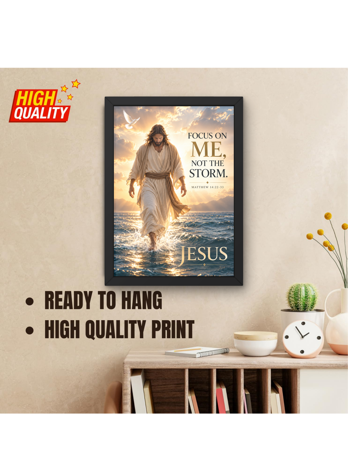 Matthew 14:22-33 Bible Verse Wall Frame | “Focus on Me, Not the Storm” Christian Wall Art | Jesus Walking on Water Inspirational Scripture Decor for Home, Bedroom & Prayer Room | A4 Premium Religious Gift