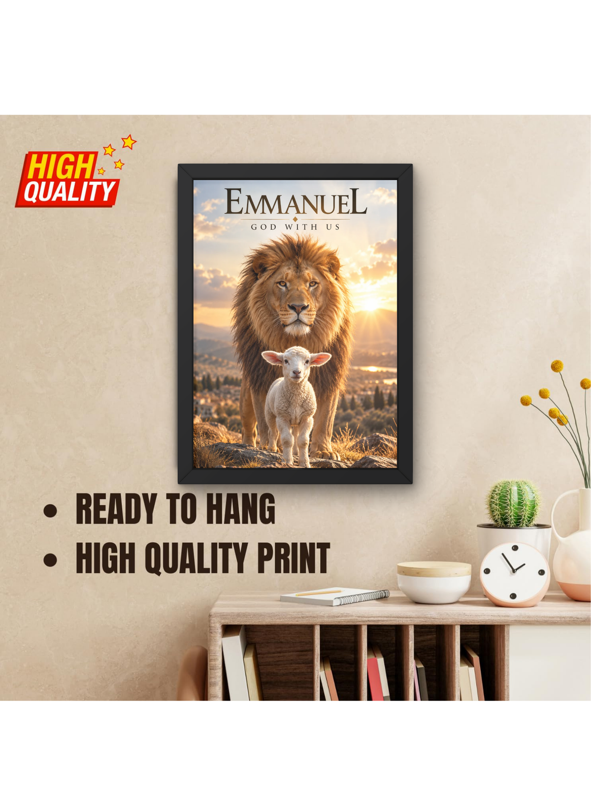 Emmanuel God With Us Christian Wall Frame | Jesus Christ Bible Inspired Wall Art with Lion & Lamb Design | Faith Scripture Decor for Home, Bedroom & Prayer Room | A4 Premium Religious Gift