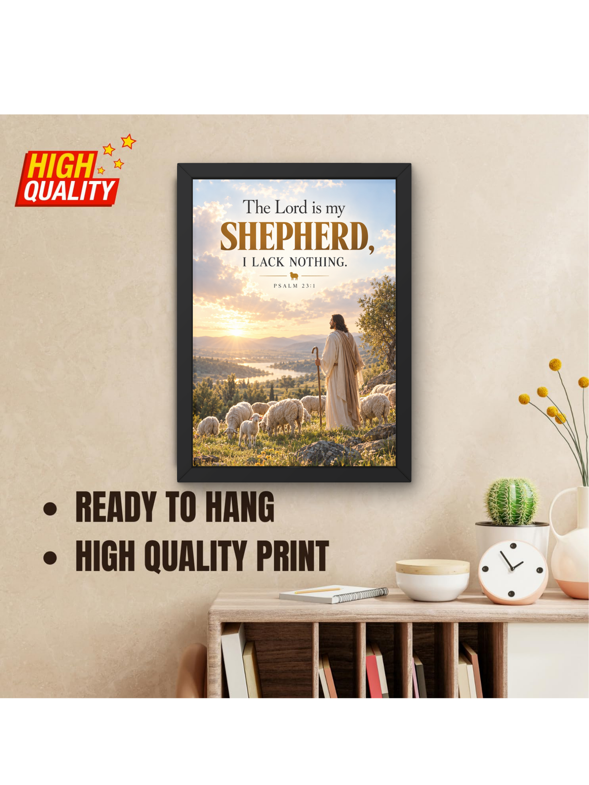 Psalm 23:1 Bible Verse Wall Frame | “The Lord Is My Shepherd, I Lack Nothing” Christian Wall Art | Jesus & Shepherd Scripture Decor for Home, Bedroom & Prayer Room | A4 Premium Religious Gift