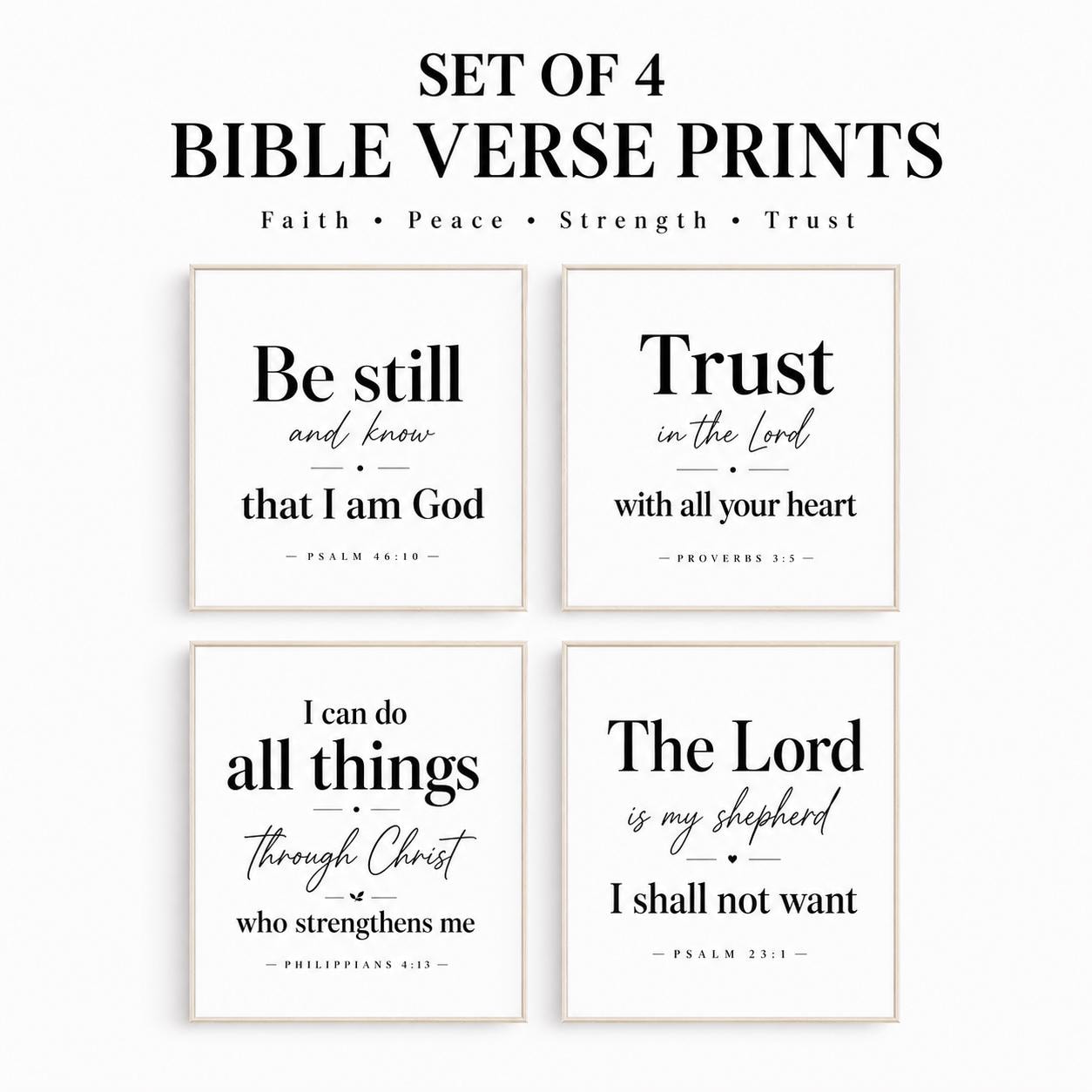 Set of 4 Minimalist Bible Verse Prints, Christian Scripture Wall Art (Instant Download)