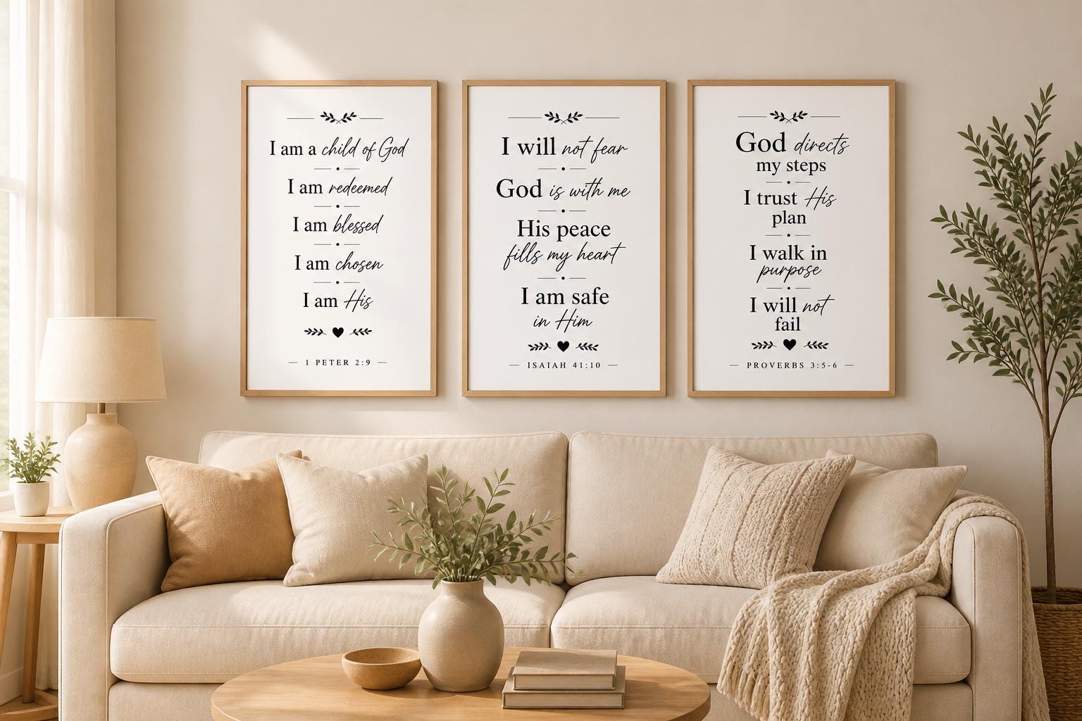 Set of 3 Christian Affirmation Prints, Bible Verse Declarations, Faith Quotes Decor (Instant Download)