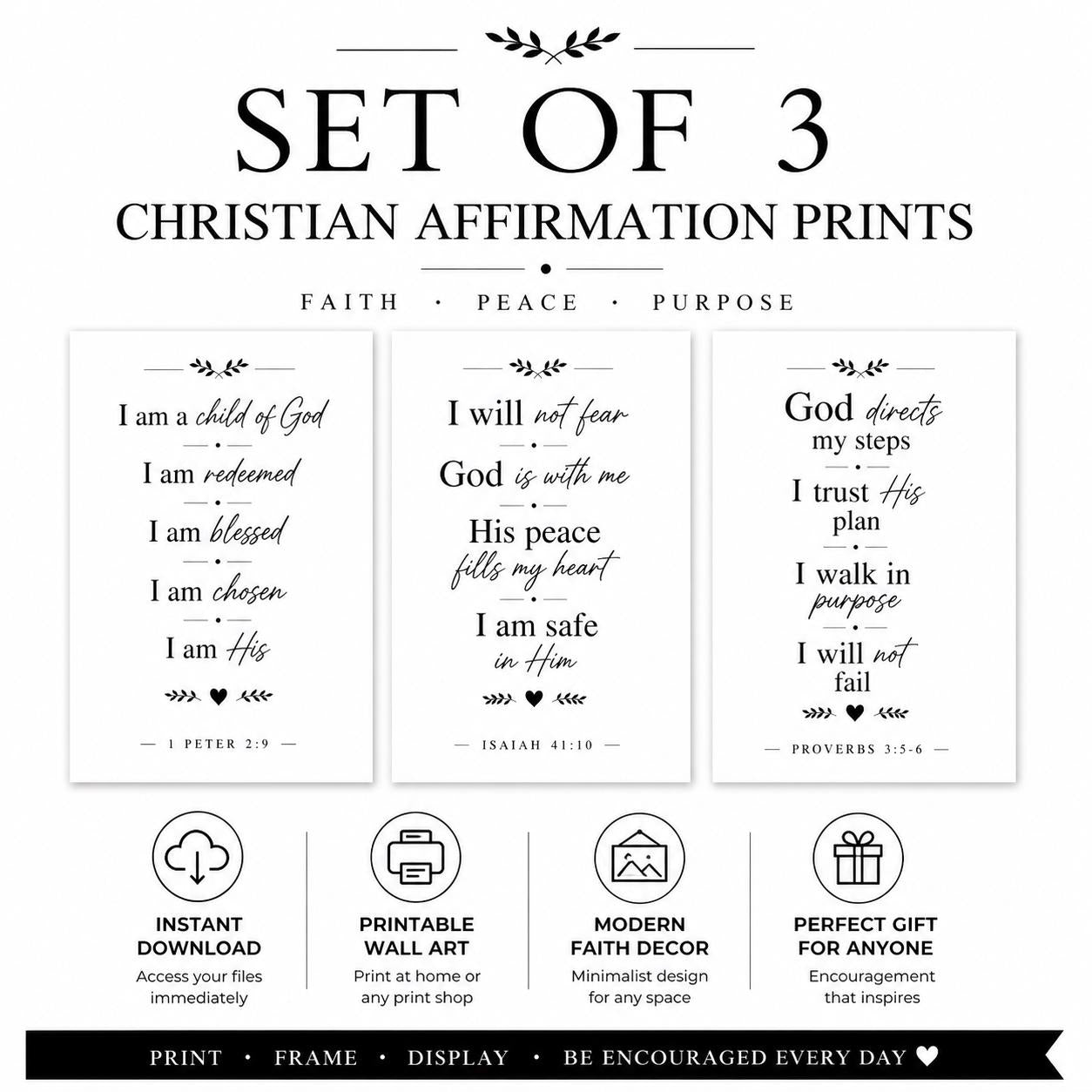 Set of 3 Christian Affirmation Prints, Bible Verse Declarations, Faith Quotes Decor (Instant Download)