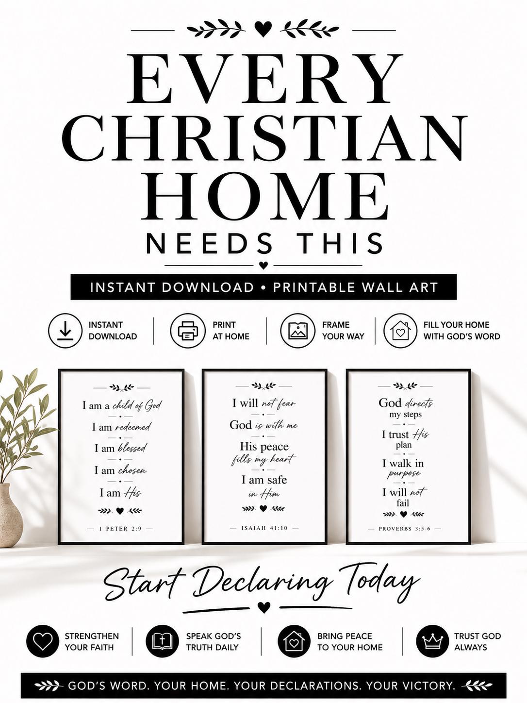 Set of 3 Christian Affirmation Prints, Bible Verse Declarations, Faith Quotes Decor (Instant Download)