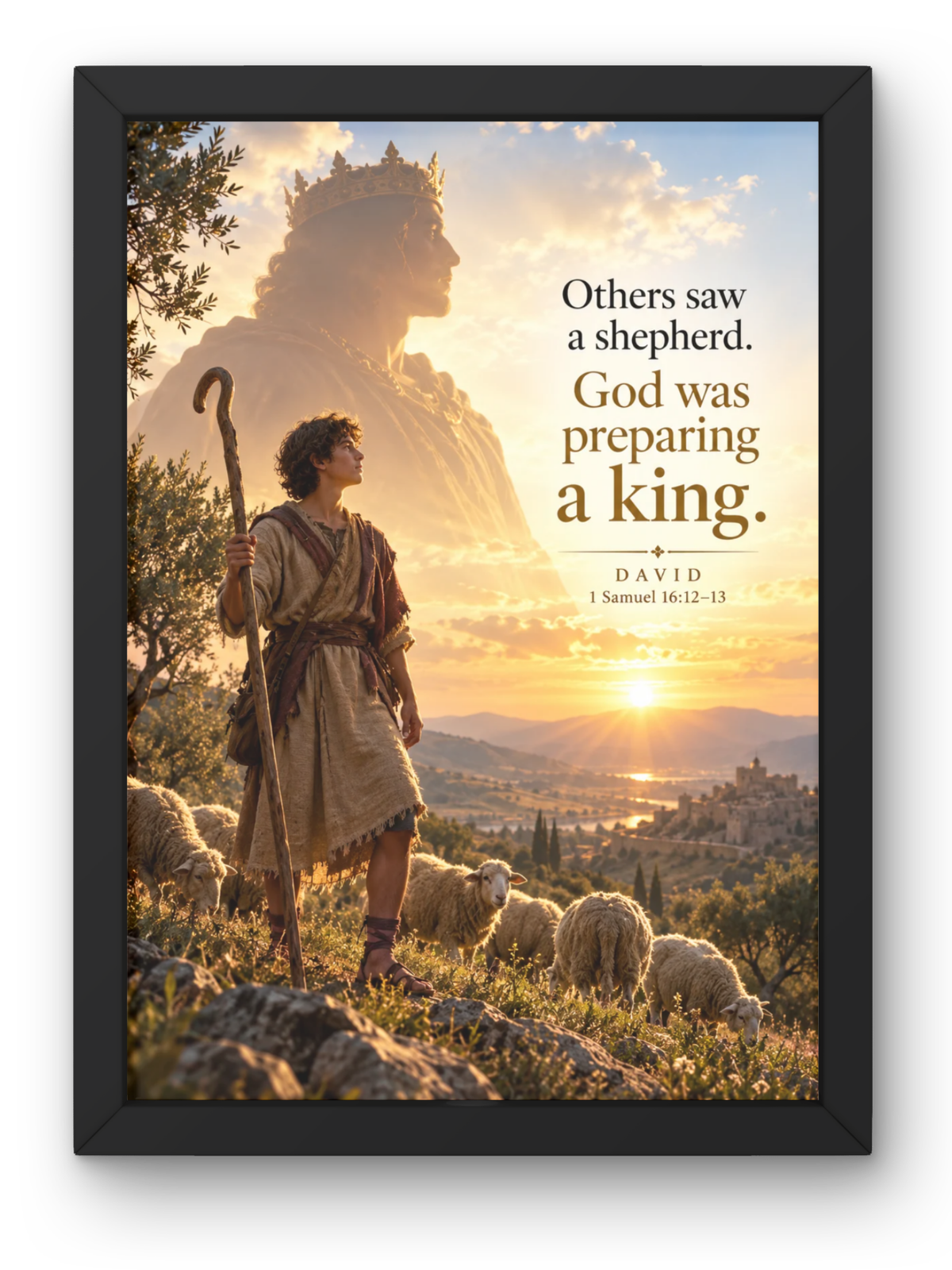 David Bible Story Wall Frame | “Others Saw a Shepherd, God Was Preparing a King” Christian Wall Art | David Scripture Decor for Home, Bedroom & Prayer Room | 1 Samuel 16:12-13 | A4 Premium Religious Gift