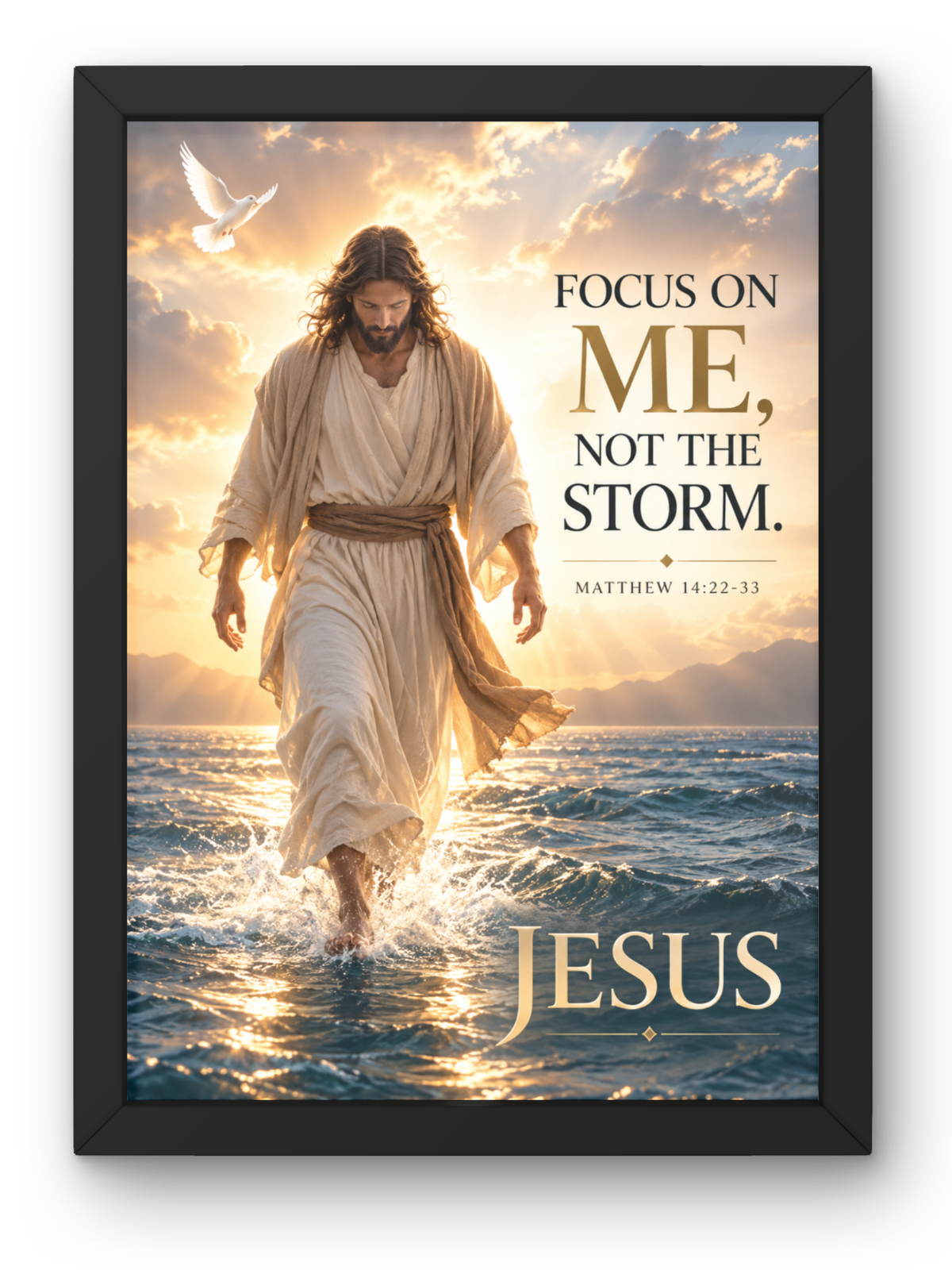 Matthew 14:22-33 Bible Verse Wall Frame | “Focus on Me, Not the Storm” Christian Wall Art | Jesus Walking on Water Inspirational Scripture Decor for Home, Bedroom & Prayer Room | A4 Premium Religious Gift
