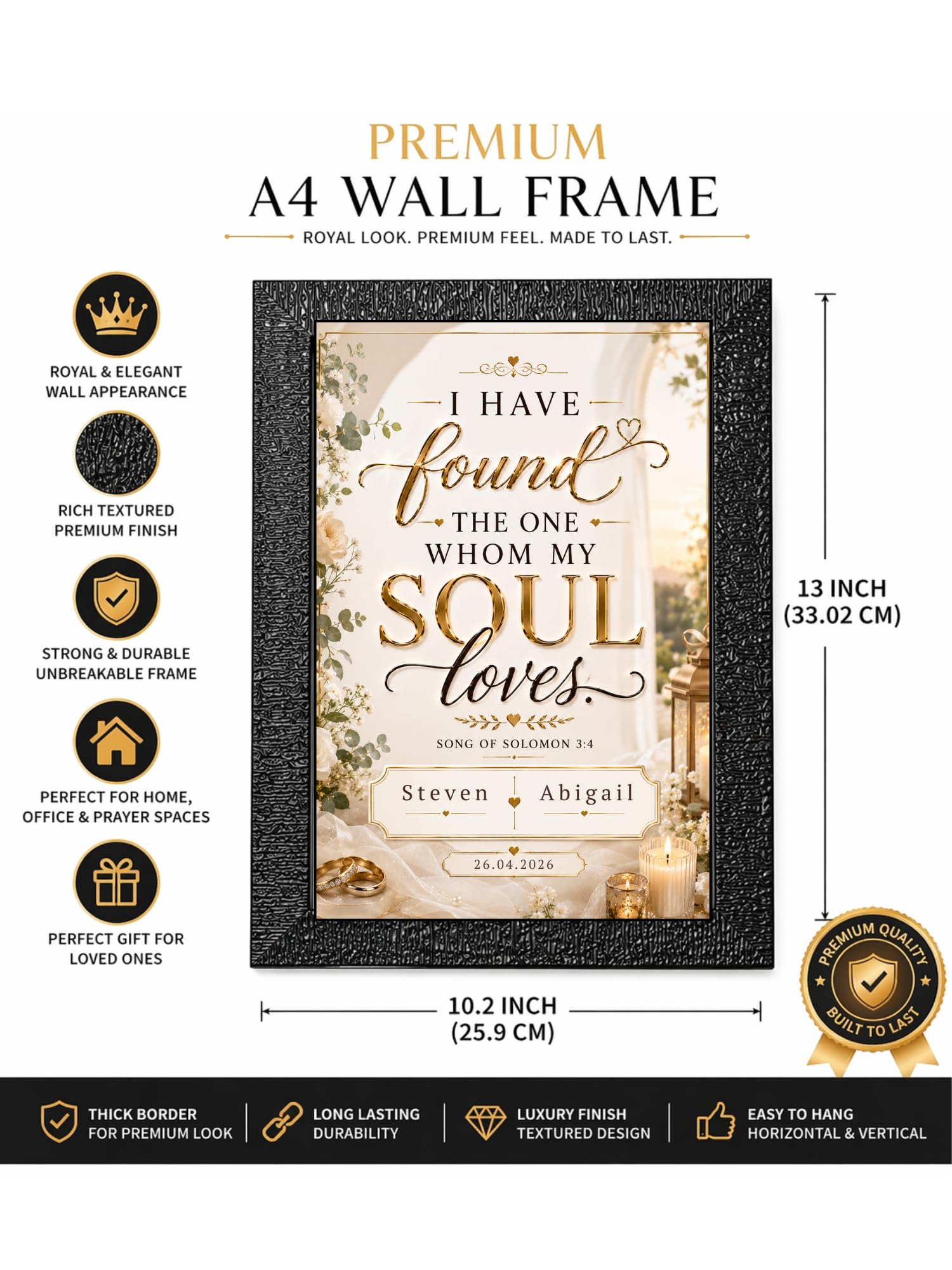 Premium Personalized Wedding Wall Frame for Couples (Song of Solomon 3-4) | Custom Name & Date Frame | Elegant Christian Marriage Quote Wall Decor | A4 Textured Frame for Bedroom, Home & Wedding Gift