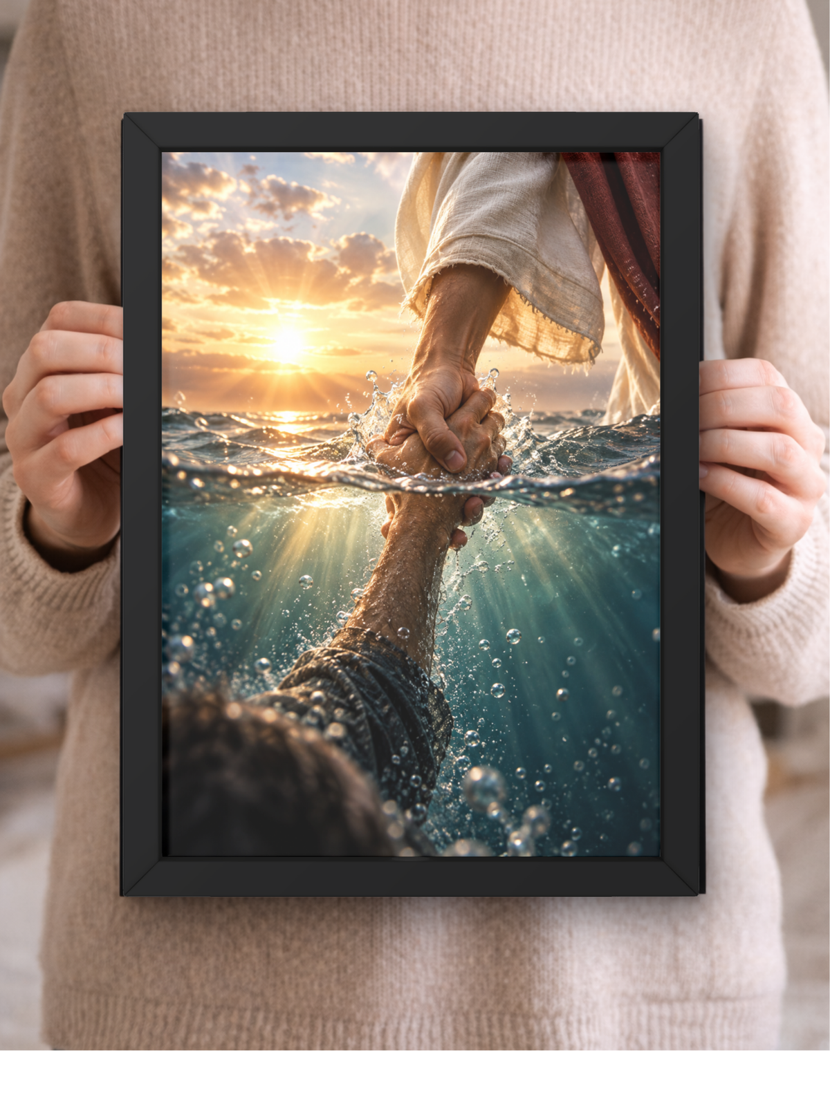 Jesus Saves Christian Wall Frame | Jesus Holding Your Hand Through the Storm | Inspirational Faith & Hope Wall Art for Home, Bedroom & Prayer Room | Christian Religious Decor | A4 Premium Gift