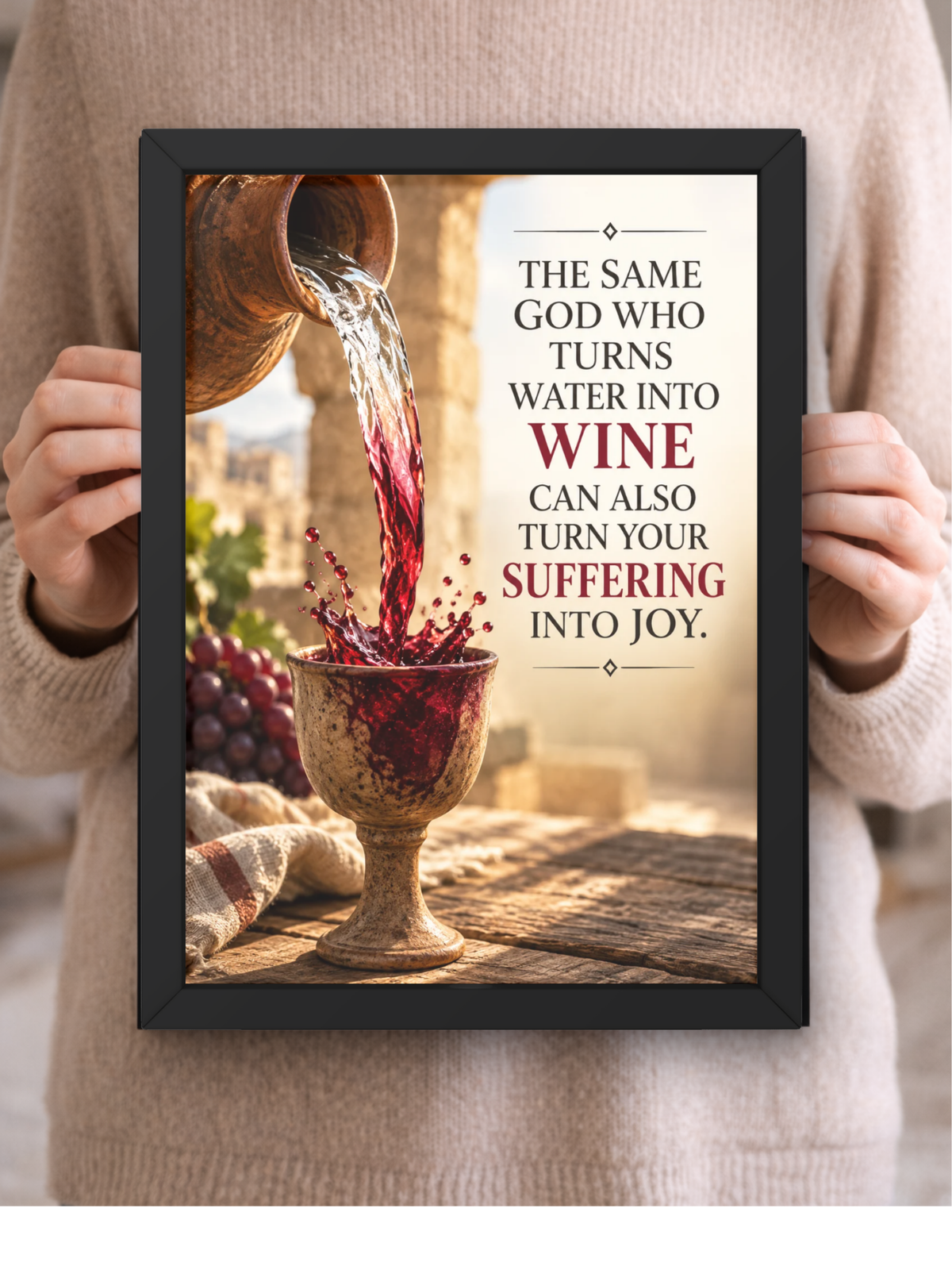 Christian Bible Verse Wall Frame | “The Same God Who Turns Water Into Wine Can Also Turn Your Suffering Into Joy” | Inspirational Jesus Faith Wall Art for Home, Bedroom & Prayer Room | A4 Premium Religious Gift