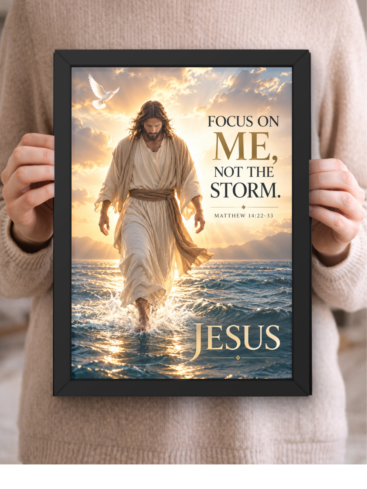 Matthew 14:22-33 Bible Verse Wall Frame | “Focus on Me, Not the Storm” Christian Wall Art | Jesus Walking on Water Inspirational Scripture Decor for Home, Bedroom & Prayer Room | A4 Premium Religious Gift