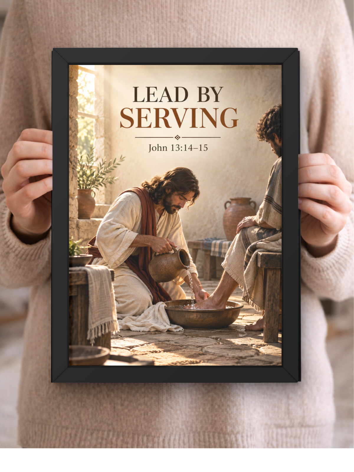 John 13:14-15 Bible Verse Wall Frame | “Lead by Serving” Christian Wall Art | Jesus Christ Inspirational Scripture Decor for Home, Bedroom & Prayer Room | A4 Premium Religious Gift