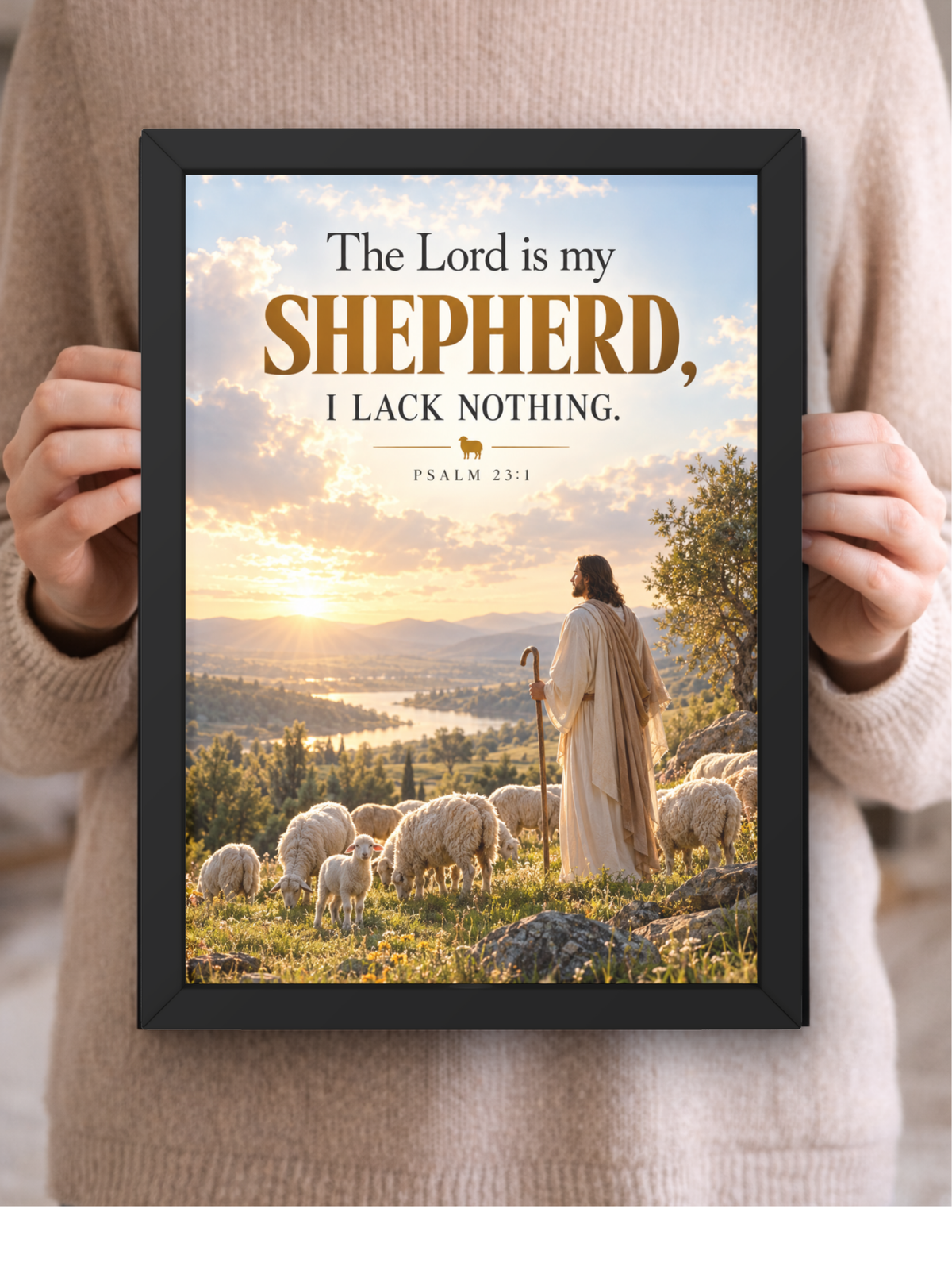 Psalm 23:1 Bible Verse Wall Frame | “The Lord Is My Shepherd, I Lack Nothing” Christian Wall Art | Jesus & Shepherd Scripture Decor for Home, Bedroom & Prayer Room | A4 Premium Religious Gift
