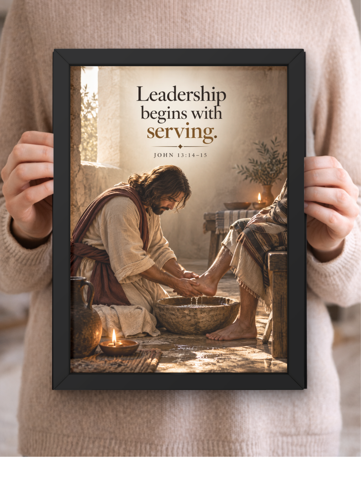 Leadership Begins With Serving Bible Verse Wall Frame | John 13:14-15 Christian Wall Art | Jesus Christ Servant Leadership Inspirational Decor for Home, Office & Prayer Room | A4 Premium Religious Gift