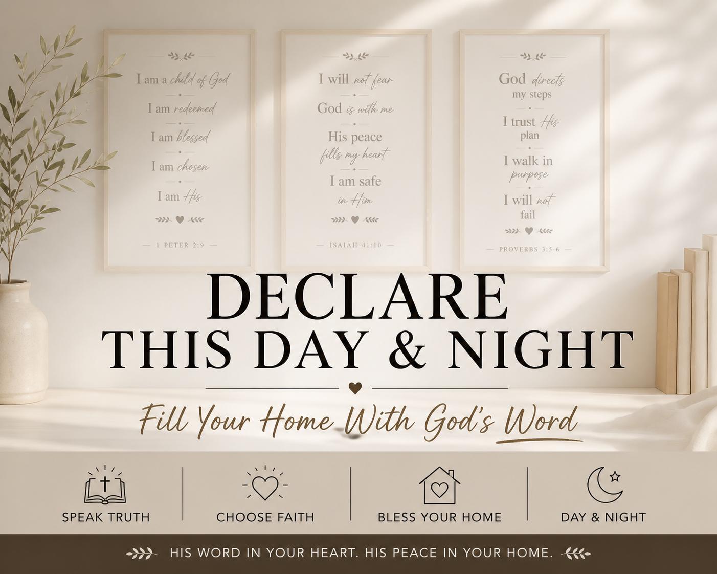 Set of 3 Christian Affirmation Prints, Bible Verse Declarations, Faith Quotes Decor (Instant Download)