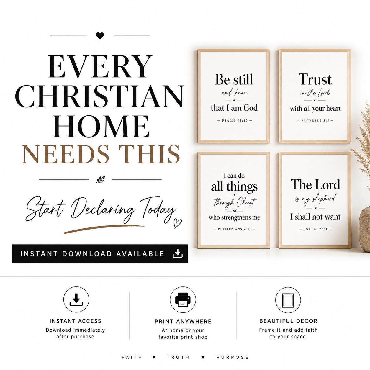 Set of 4 Minimalist Bible Verse Prints, Christian Scripture Wall Art (Instant Download)
