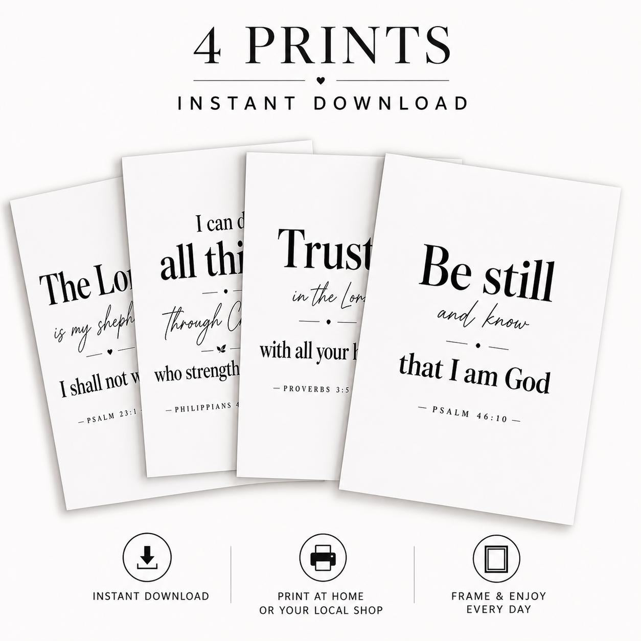 Set of 4 Minimalist Bible Verse Prints, Christian Scripture Wall Art (Instant Download)